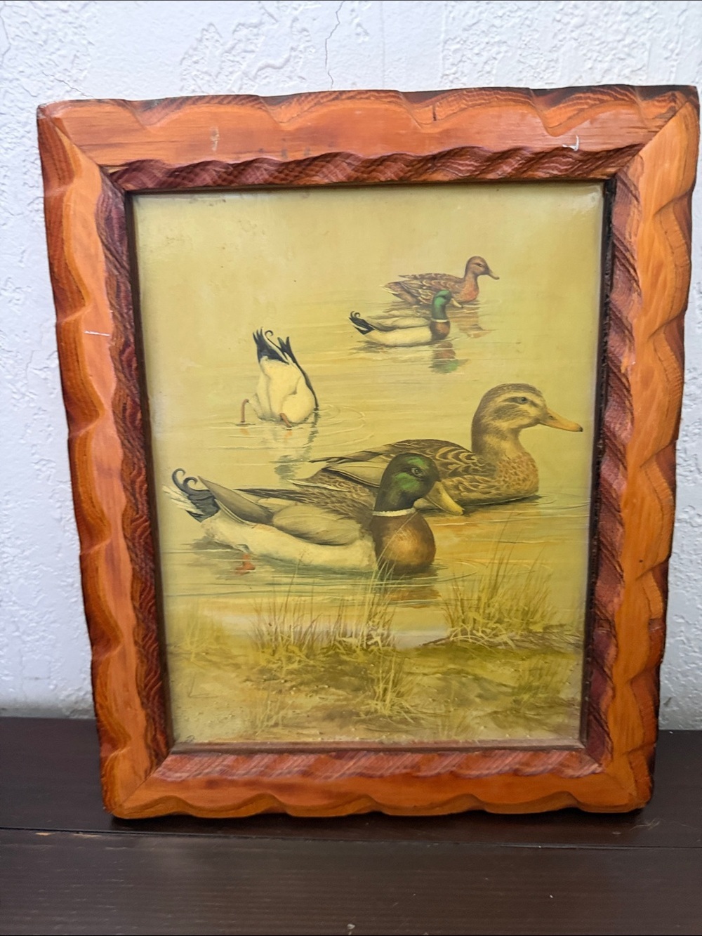 Vintage Mallard Duck Print in Carved Wood Frame - Green & Brown